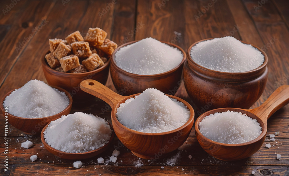 Poster wooden table with five bowls of sugar and a spoon. the sugar is in different sizes and shapes