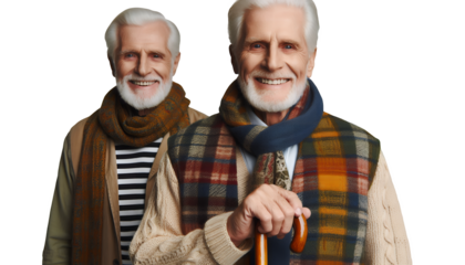 old man with a walking stick isolated on white