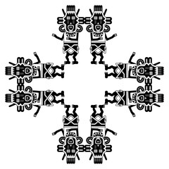 quare geometrical ornament or frame with stylized human figurines from Paracas. Indigenous ethnic Native American design from ancient Peru. Black and white silhouette.