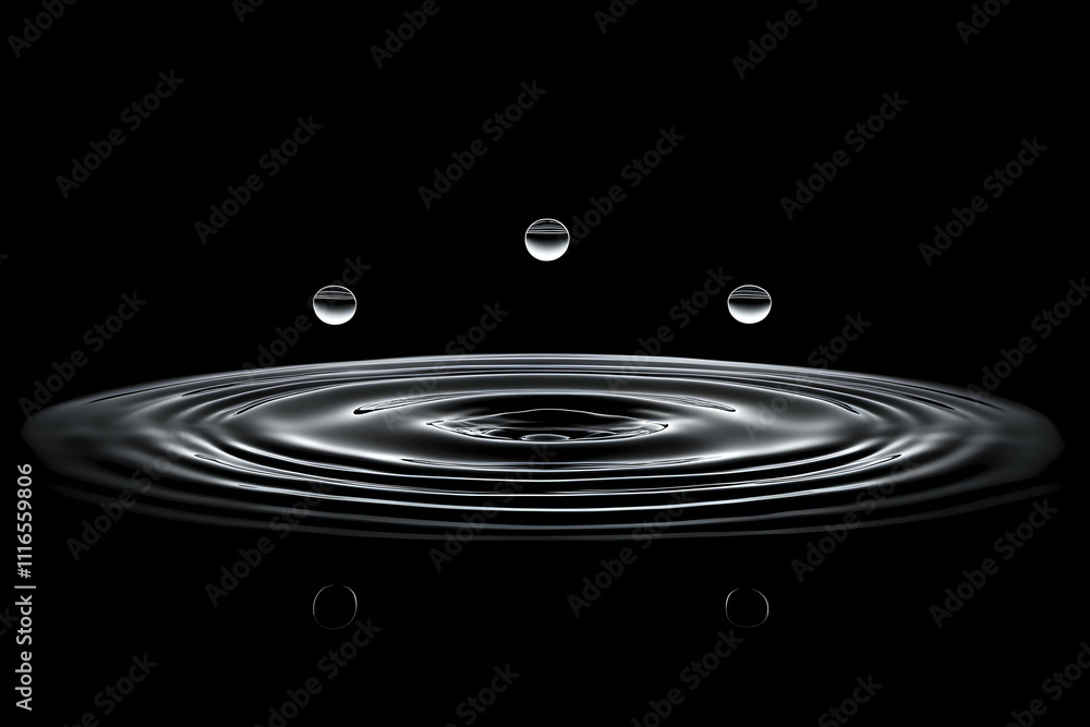 Poster water droplets falling, creating concentric ripples on a dark surface.