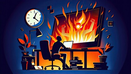 Silhouette working late surrounded by fiery computer screen and office items