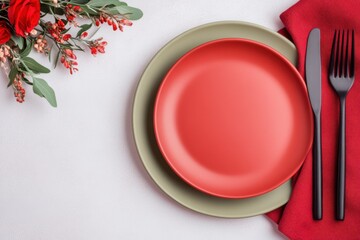 Elegant rustic table setting with sage green ceramic plates, deep red linen napkins, and minimalist cutlery designed for intimate dining occasions or festive gatherings at home