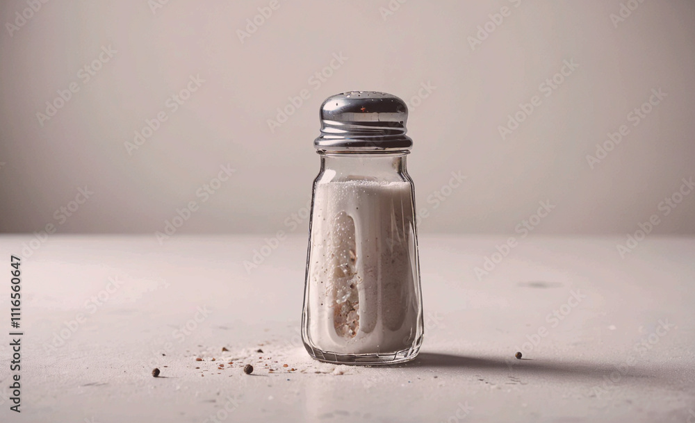 Poster salt shaker is sitting on a table. the shaker is empty. there is a small amount of salt on the table