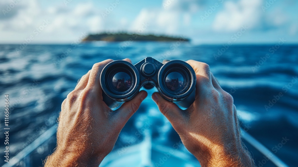 Poster a person grips binoculars with both hands while gazing towards a lush green island surrounded by vib