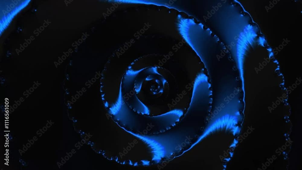 Sticker flying through fractal spiral rotating blue tunnel. abstract speed, loop able backdrop