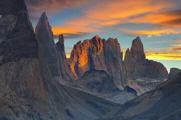 Patagonian mountains of Torres del Paine National Park at sunset.