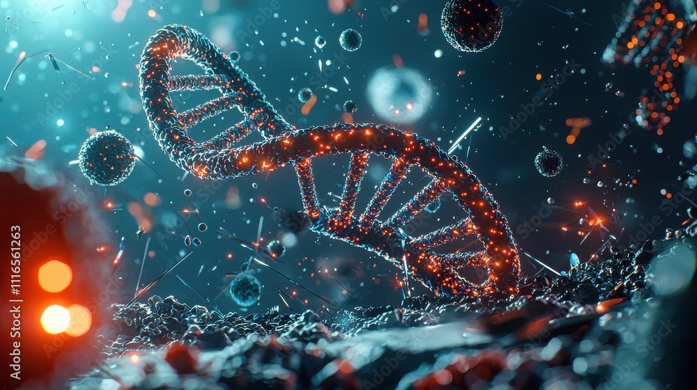 Poster illuminating dna molecule close-up science lab digital art micro environment eye-level view glowing 
