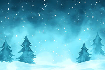 Obraz premium Watercolor winter landscape with snowy trees and night sky.
