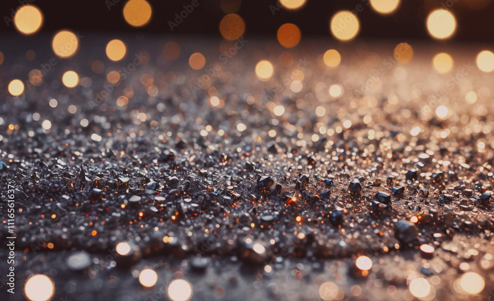 Poster close up of a shiny, glittery surface. the surface is covered in small, shiny, metallic objects