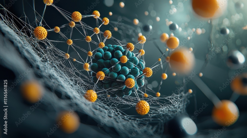 Aufkleber Exploring a complex network of molecules linked by glowing bonds in a scientific laboratory environment a visual representation of molecular interactions