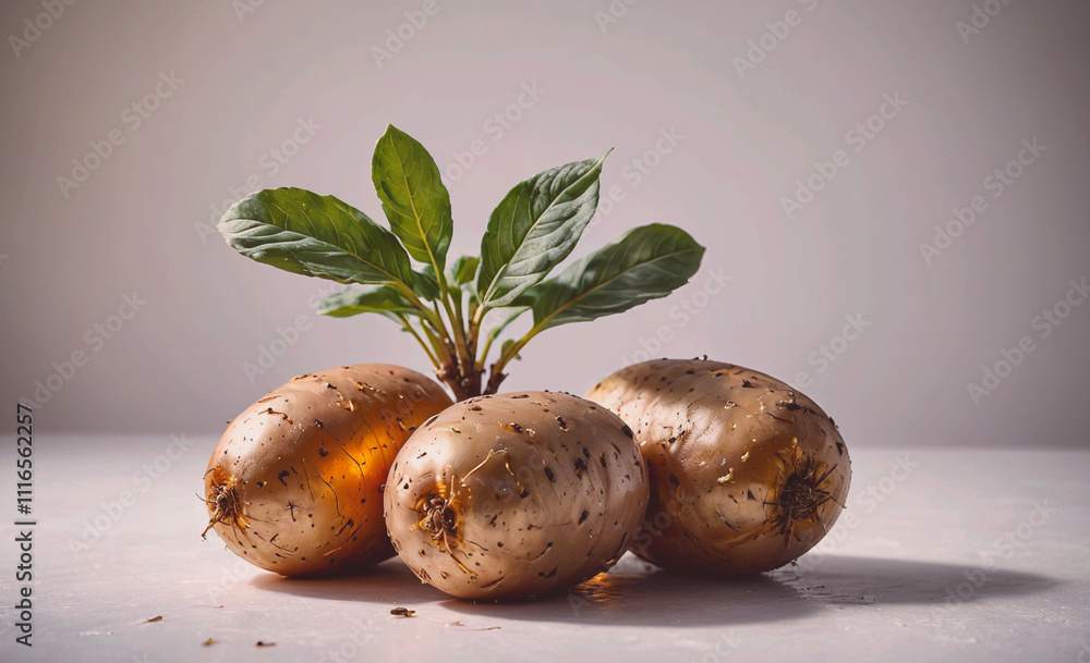 Aufkleber three potatoes are on a table with a leaf on top. the leaf is green and has a stem