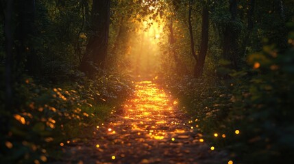 Obraz premium Magical sunset path through lush forest with glowing fireflies.