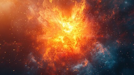 Obraz premium Fiery cosmic explosion with swirling nebula and sparks.