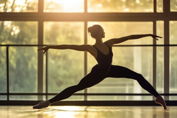 Graceful Ballet Dancer Performing Full Body Stretch Pose Near Barre in Soft Lighting of Classic Studio with Wood Elements