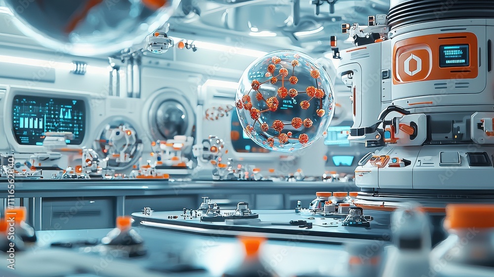 Poster Exploring molecular structures futuristic lab holographic models advanced technology environment scientific innovation concept