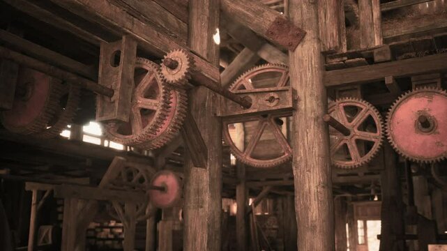 The interior of an aging workshop showcases intricate gears and wooden beams, highlighting the craftsmanship of a bygone era