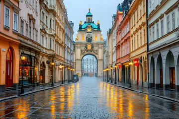 Fototapeta premium Wet cobblestone street leading to an archway between historic buildings at dawn.