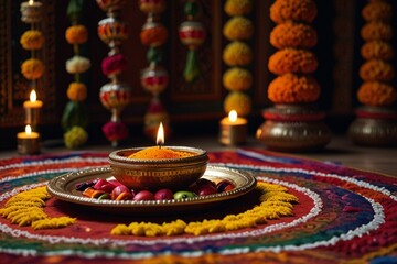 Vibrant Navaratri Celebration with Decorated Altar, Rangoli, Diyas, and Festive Offerings