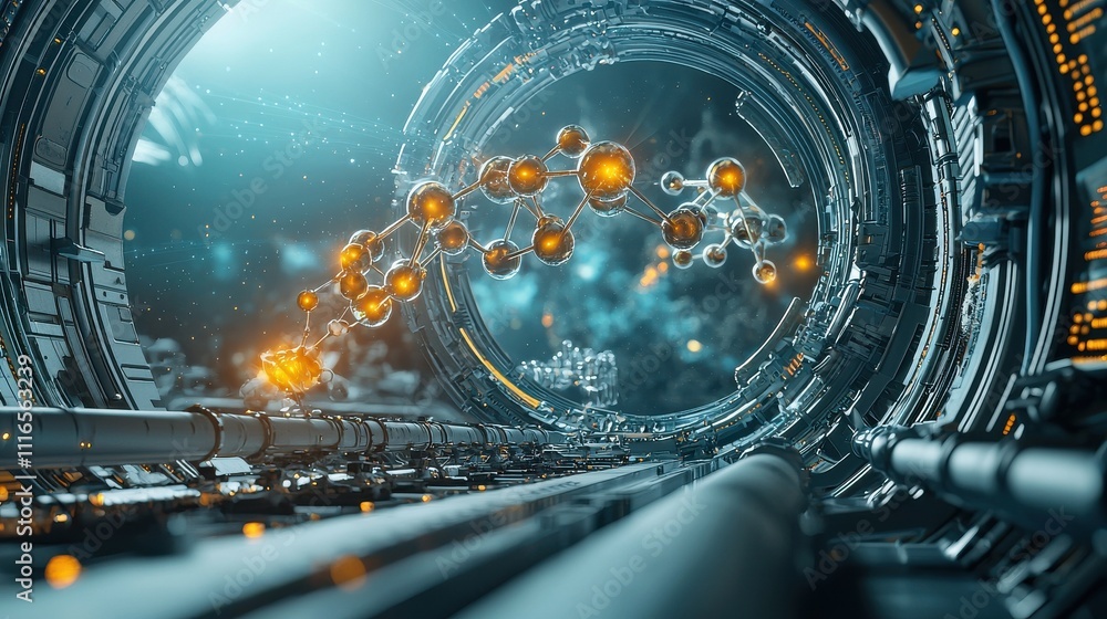 Aufkleber Illuminating hydrogen molecules in a futuristic standard digital laboratory 3d visualization sci-fi environment close-up viewpoint molecular chemistry concept for seo impact