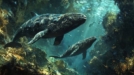 Fototapeta premium Ancient Whales in Prehistoric Ocean: Imaginary depiction of ancient whales navigating through a primeval sea,