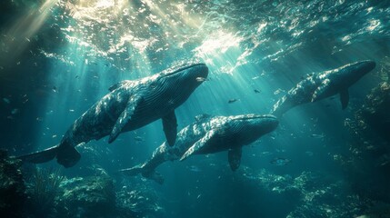 Fototapeta premium Ancient Whales in Prehistoric Ocean: Imaginary depiction of ancient whales navigating through a primeval sea,