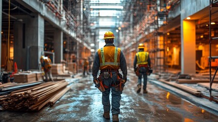 Fototapeta premium Workers in protective gear installing fire prevention systems in construction site