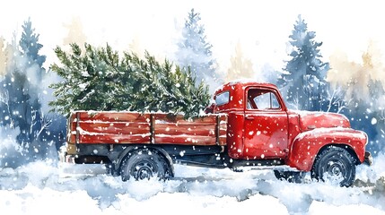 Car, Truck Carrying Christmas Tree, Snow, Santa Claus, Ornaments, Abstract Image, Texture, Pattern Background, Wallpaper, Cover and Screen of Smartphone, PC, Laptop, 9:16 and 16:9 Format
