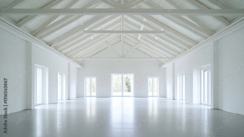 Poster Bright, spacious empty room with high white beamed ceiling and large windows.