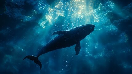 Underwater Whale Song: A serene underwater scene capturing a whale vocalizing, bubbles floating upward,