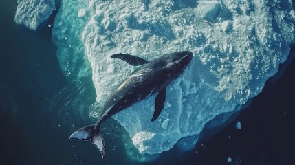 Fototapeta premium Whale Approaching Ice Shelf: A majestic whale swimming toward a towering ice shelf,