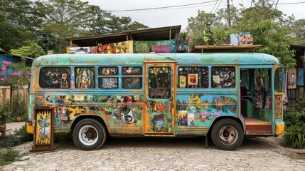 Colorful, art-covered bus parked outdoors.