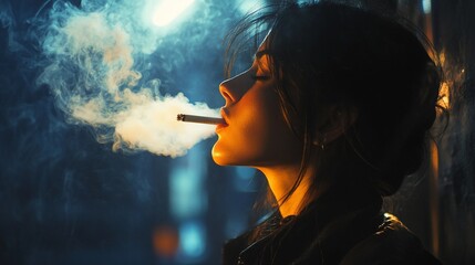 Fototapeta premium Woman smoking cigarette at night, profile view, backlit by city lights.