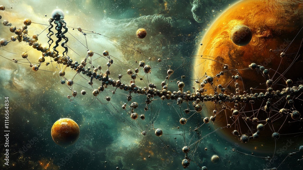 Aufkleber molecules transforming into large standards a surreal journey through cosmic landscapes in science f