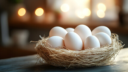 White eggs in a bird's nest on a table.