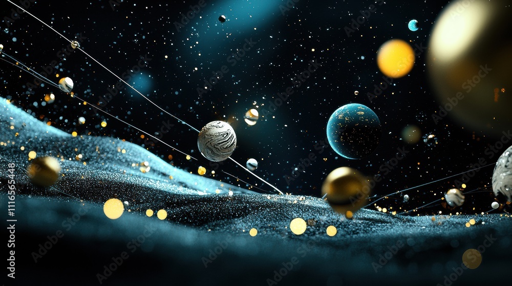 Poster molecules floating in a blue liquid environment scientific exploration of molecular dynamics in a fl