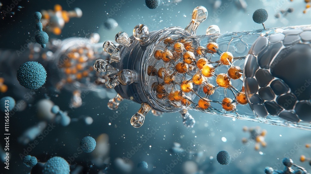 Poster molecules interacting in a blue liquid environment scientific visualization laboratory setting micro