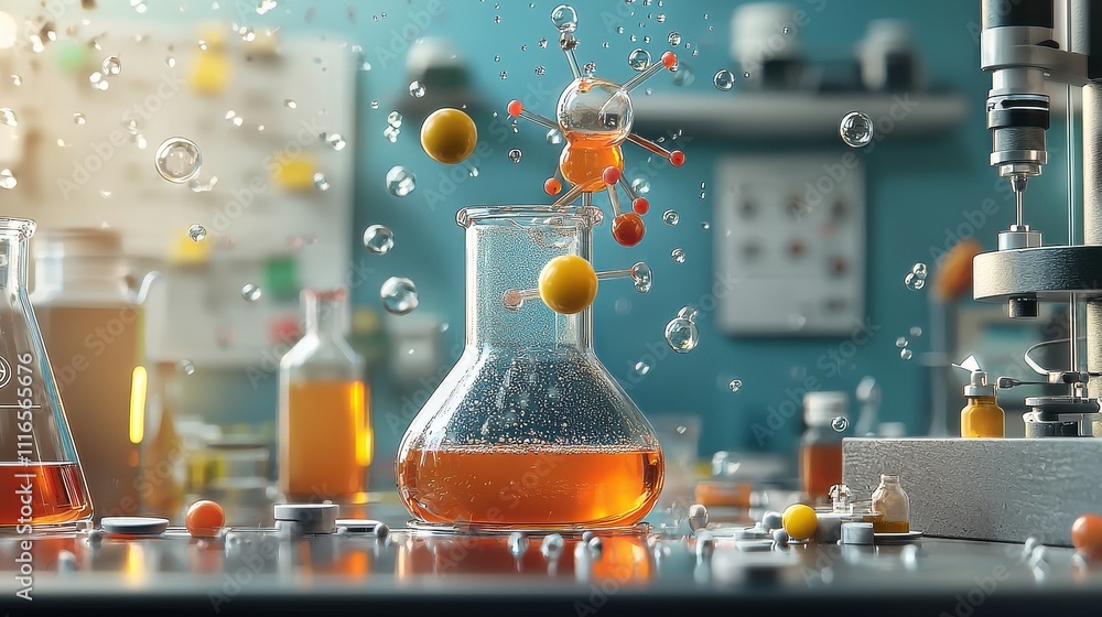 Poster molecules reacting to form a compound in a bright laboratory setting scientific experiment dynamic e