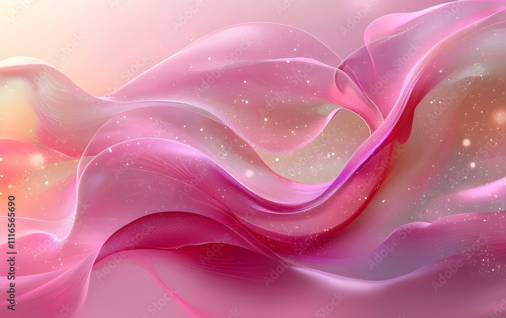 Poster a vibrant abstract composition featuring flowing pink waves, creating a soft, ethereal atmosphere wi