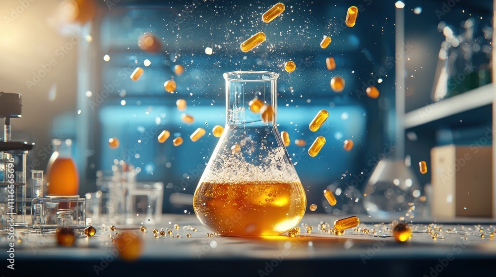 Poster molecules reacting to form a compound in a brightly lit laboratory environment a visual exploration 