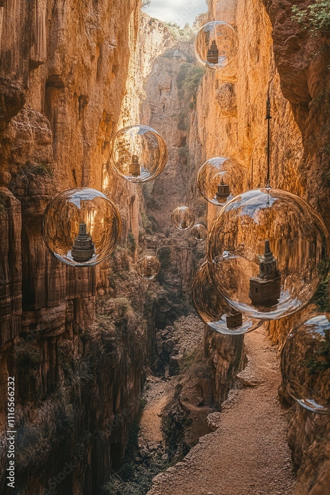 Poster a canyon filled with floating bubbles each containing a miniature world.