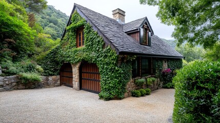 Charming Ivy-Covered Cottage in Lush Greenery - A picturesque cottage covered in ivy, nestled amidst vibrant greenery and mountains, embodying tranquility and rustic elegance.