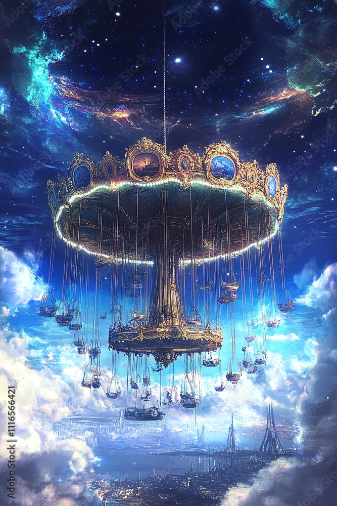 Poster a carousel spinning in the sky with clouds as its base and stars as its canopy.
