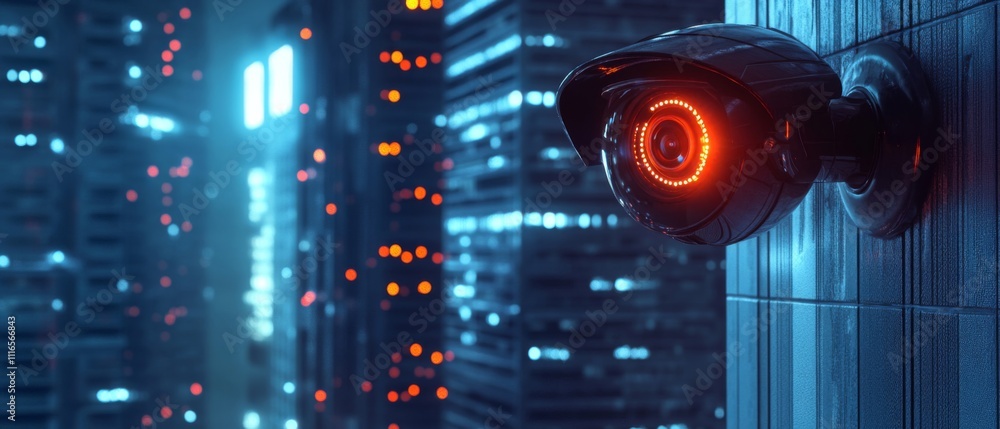 Poster security camera monitoring server racks with red led lights