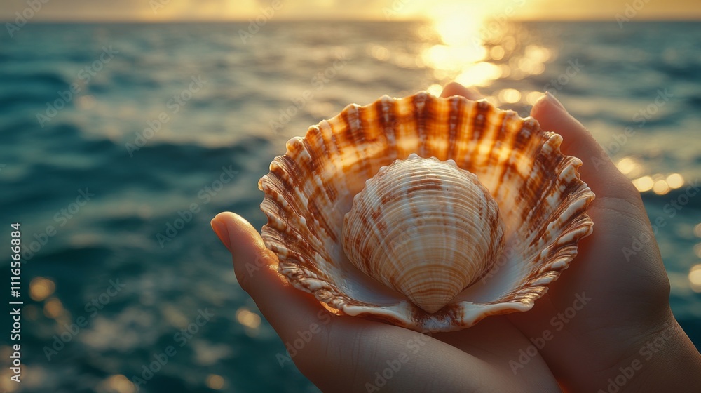 Poster a person gently cradles a stunning seashell while standing at the water's edge during a vibrant suns
