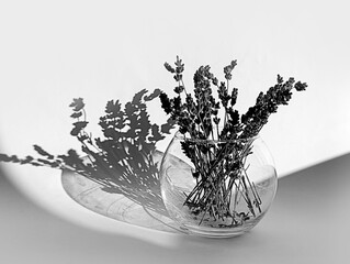 Bouquet of lavender in a glass vase, shadows from objects