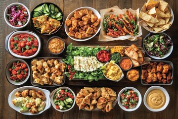 Mediterranean mezze with halloumi  dips  salads  and croutons.