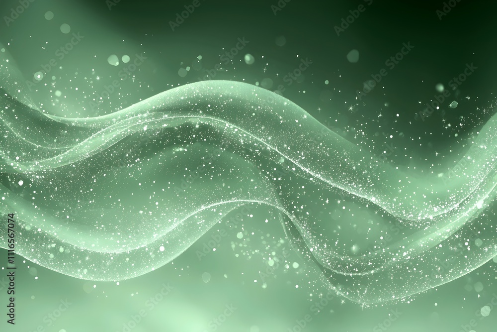 Poster a mesmerizing abstract image of flowing green waves with sparkling particles, creating a serene and 