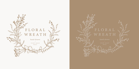 Flower frame. Hand drawn wreath with wild flowers and herbs. Elegant floral logo template. Vector botanical illustration for label, corporate identity, wedding invitation, monogram, emblem © Victory