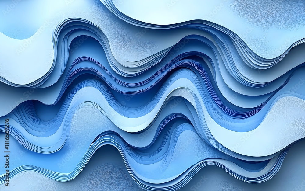 Poster an abstract composition of flowing blue paper waves, creating a soothing and dynamic visual effect. 