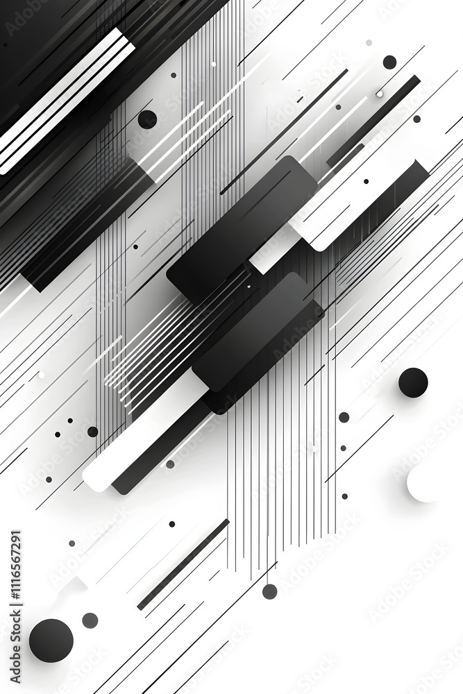Poster an abstract composition featuring dynamic lines and geometric shapes in black and white, creating a 